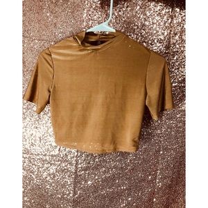 Metallic brown turtle neck crop top .
